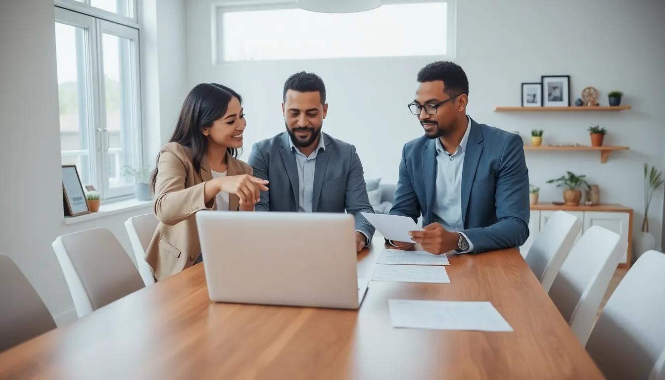 first-time homeowners discussing insurance options at a modern dining table.