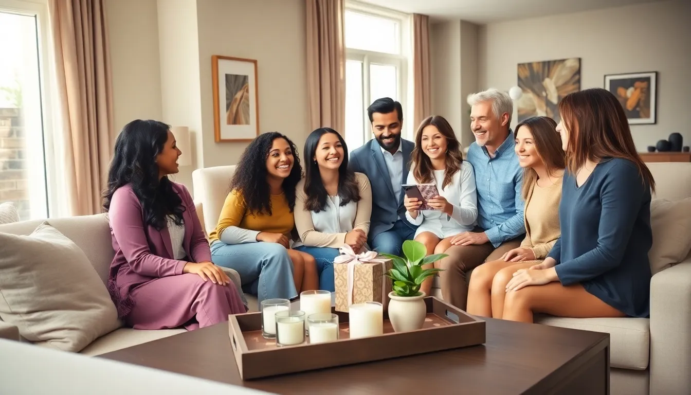 Diverse group celebrating in a beautifully decorated living room with housewarming gifts.