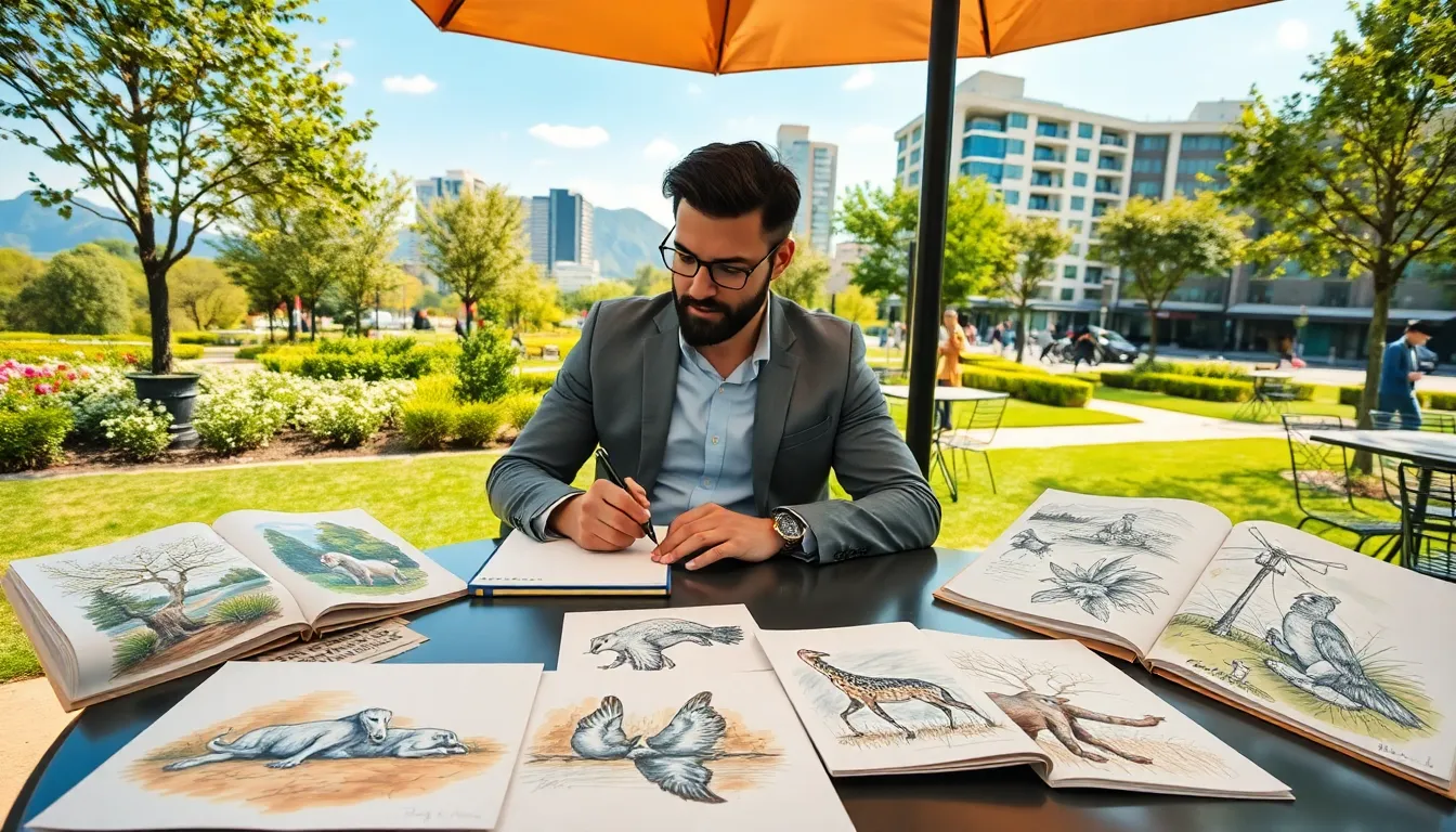 artist drawing in a park setting with nature and city views.