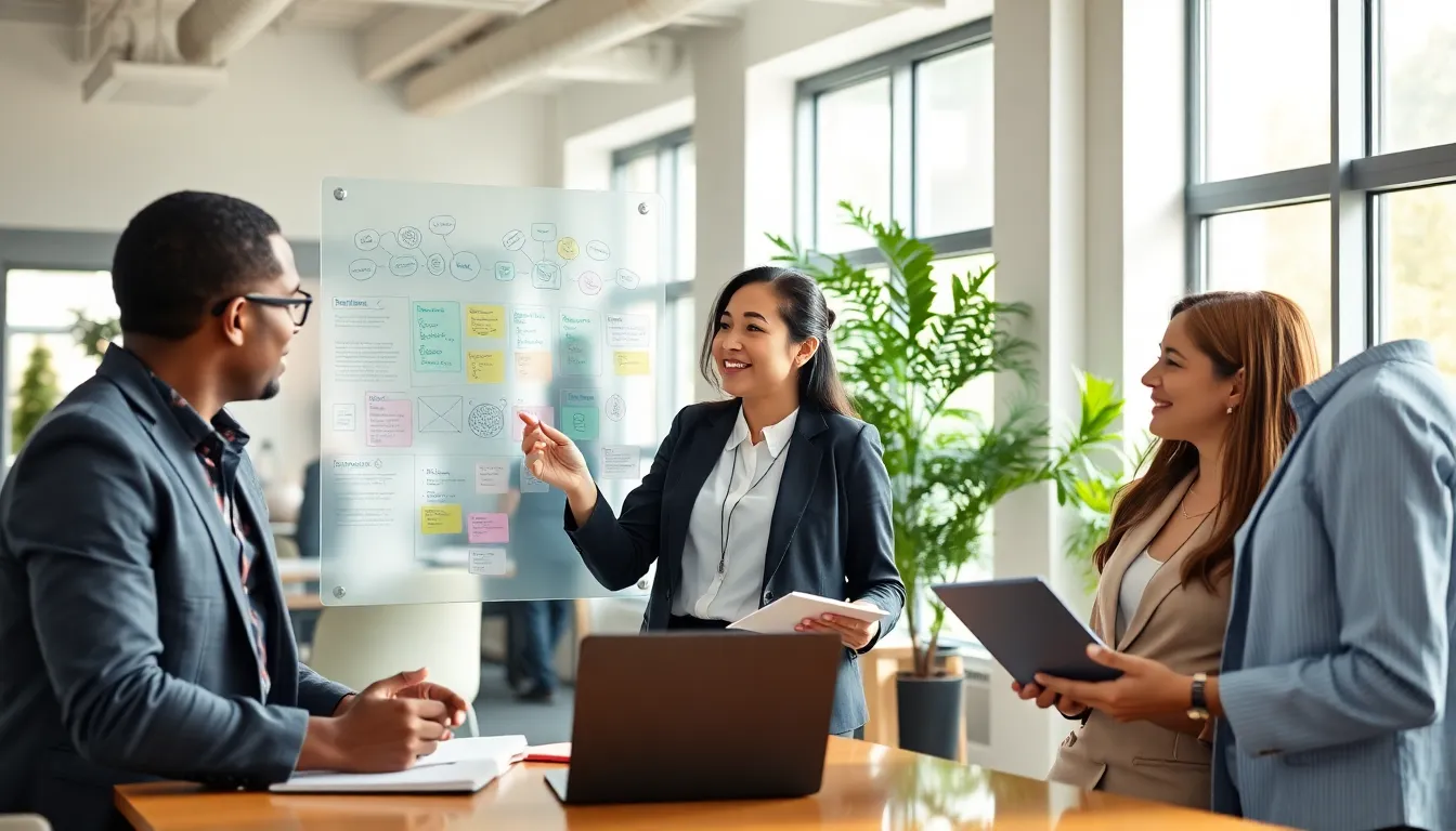 diverse team brainstorming in a modern workspace.